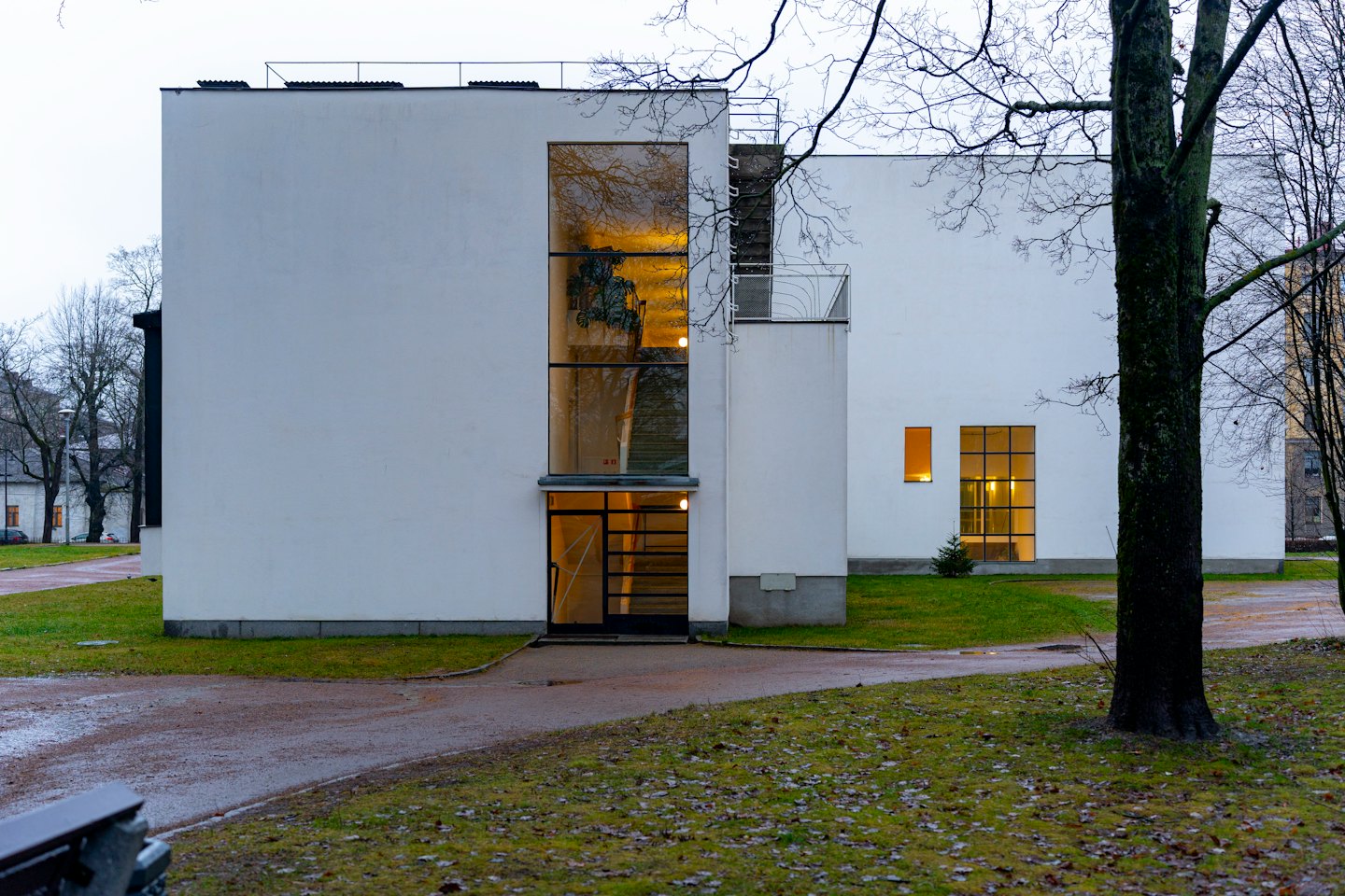 Modernist building with glowing windows set behind bare trees.